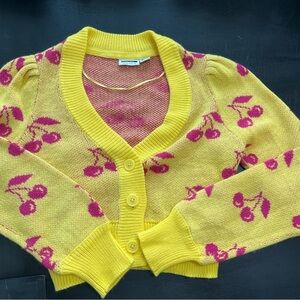 Noisy‎ May XS Yellow Cropped Cherry Cardigan Artsy Coquette Loud Fun